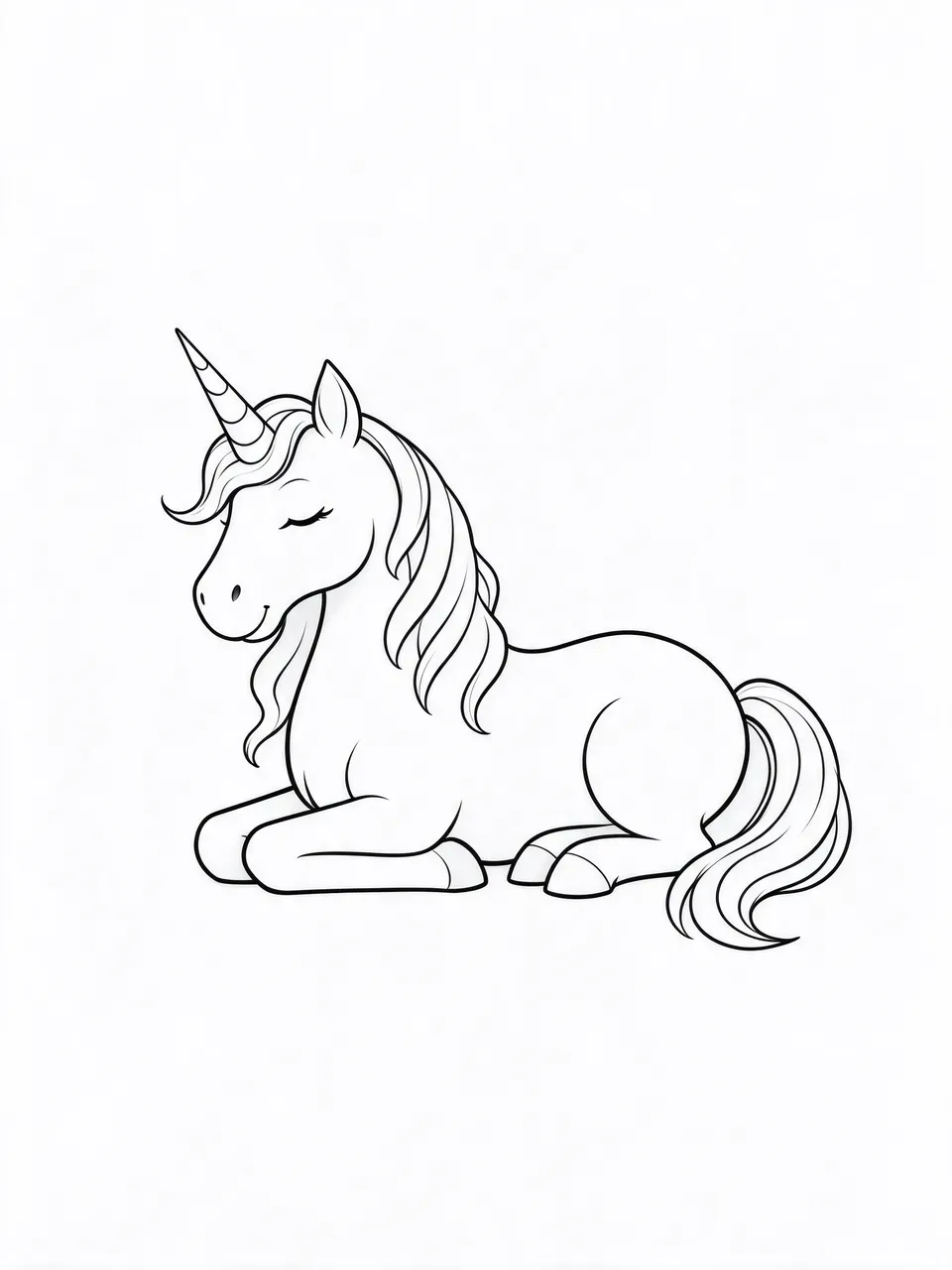 Simple black line drawing of a relaxed lying unicorn with a spiral horn and wavy mane on a white background