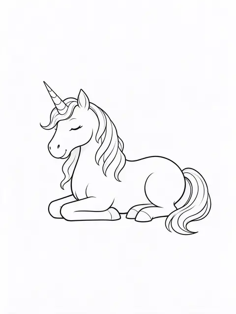 Simple black line drawing of a relaxed lying unicorn with a spiral horn and wavy mane on a white background