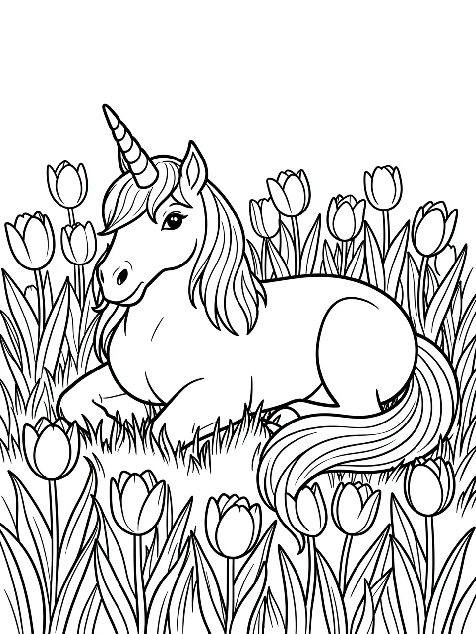 Bold black line art of a resting unicorn surrounded by tulips on a plain white background