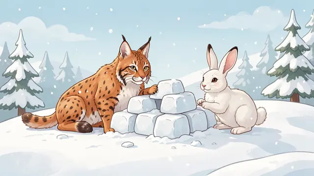 A spotted lynx and a white arctic hare stack ice blocks to build a small snow fort on a snowy winter hill.