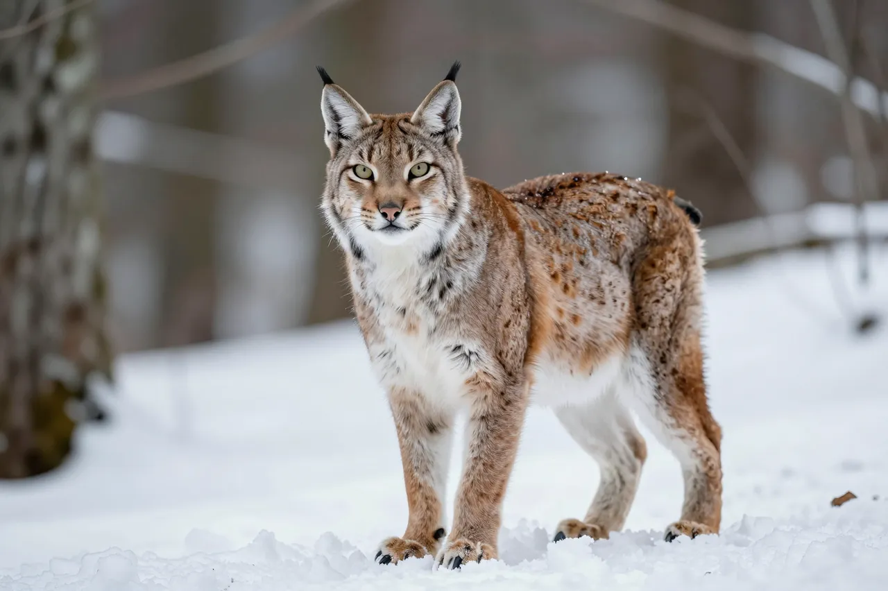 A Eurasian lynx stands alert on snow covered ground in a blurred winter forest