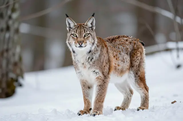 A Eurasian lynx stands alert on snow covered ground in a blurred winter forest