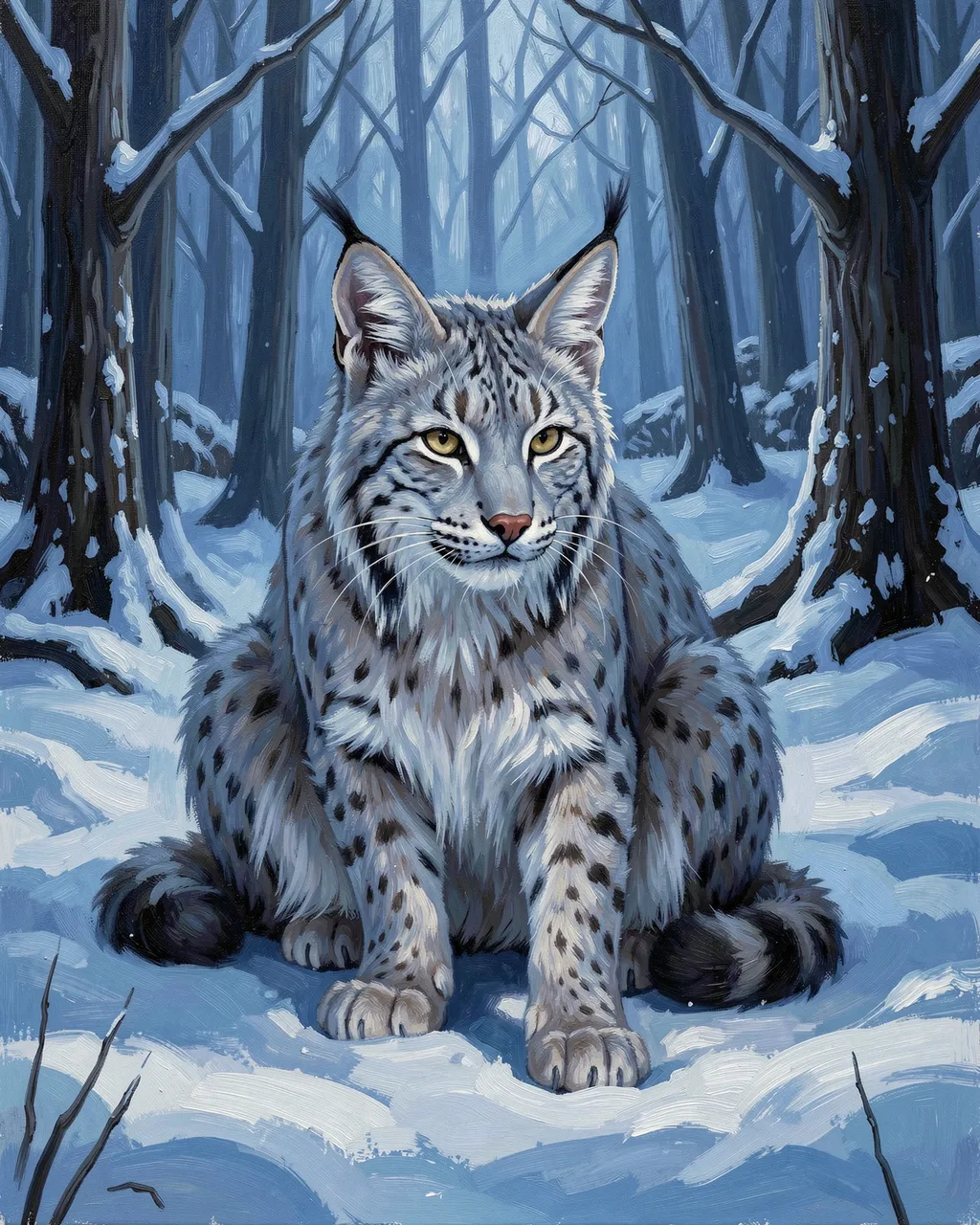 An oil painting of a tufted-eared silver lynx sitting in a snow-covered forest under cool blue evening light