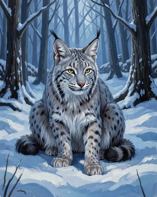 An oil painting of a tufted-eared silver lynx sitting in a snow-covered forest under cool blue evening light