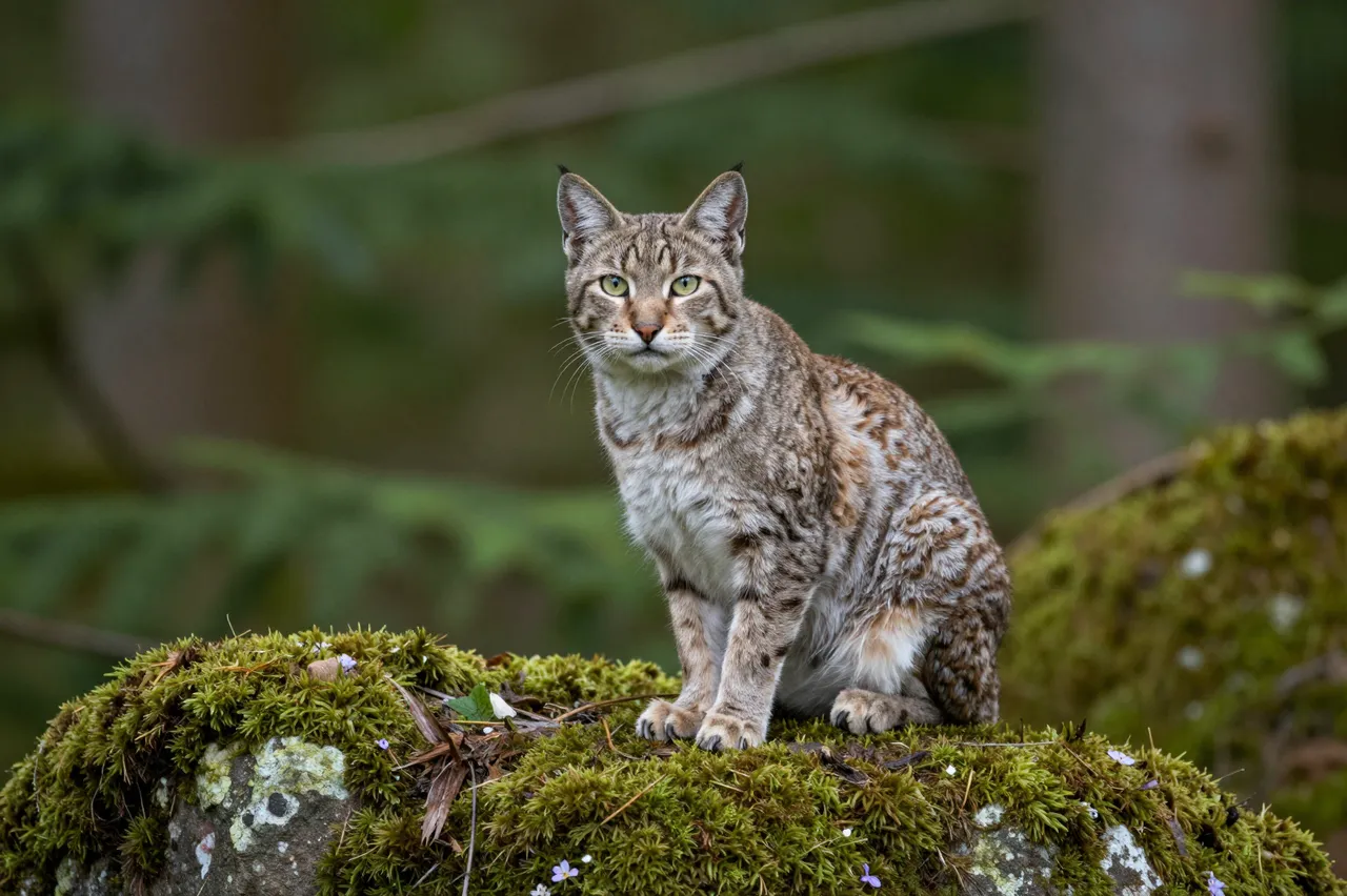 A lynx sits alert on a moss-covered boulder in a blurred forest setting, facing the camera