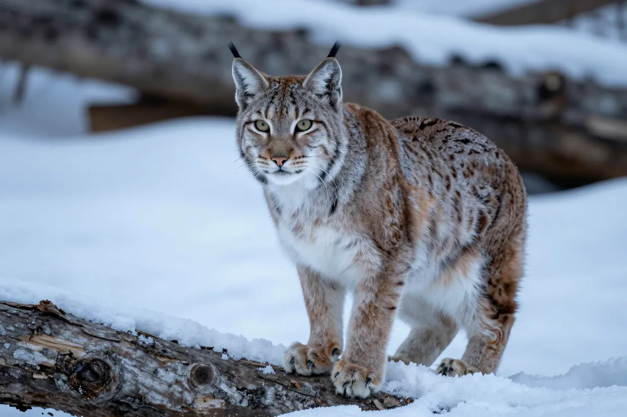 A lynx with black ear tufts stands crouched on a snow-dusted fallen log in wintry blue light