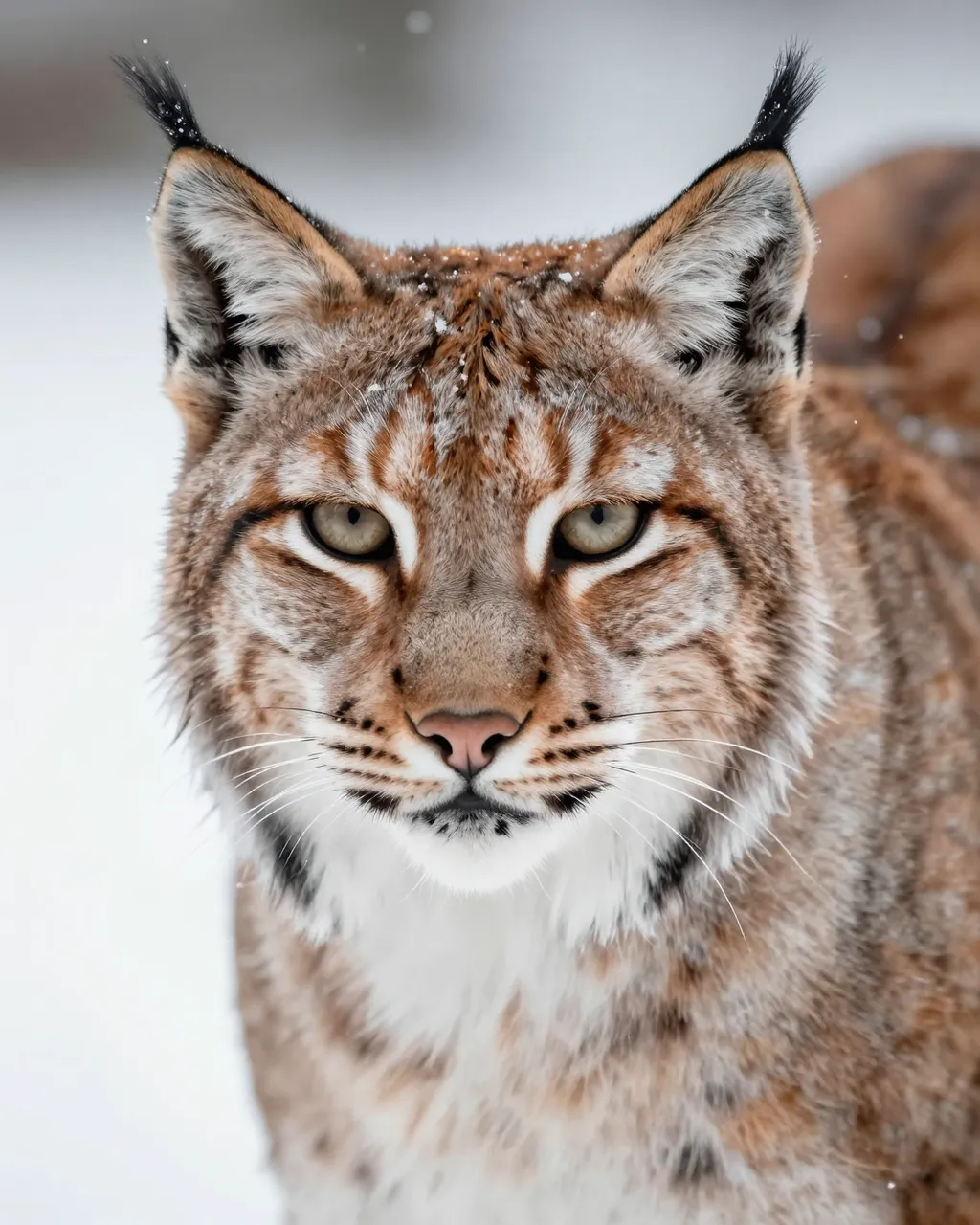 Close-up portrait of a lynx with black ear tufts standing in gentle falling snow
