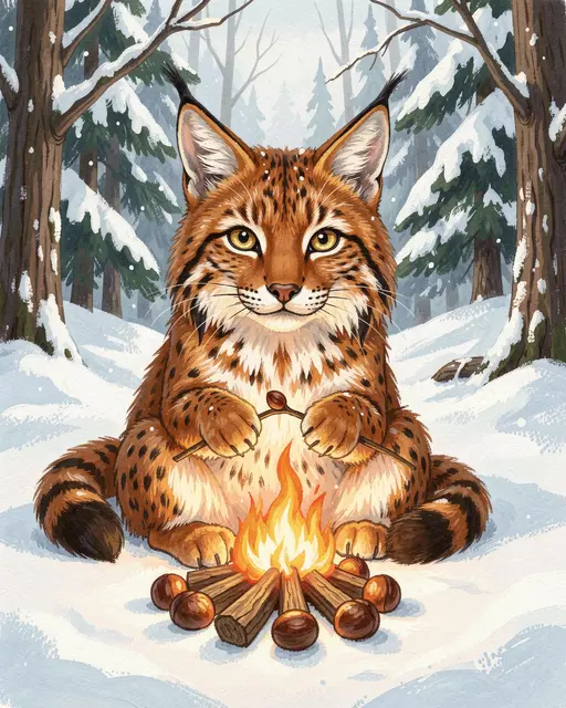 Cute illustrated lynx roasts chestnuts over a small campfire in a snow-covered winter forest