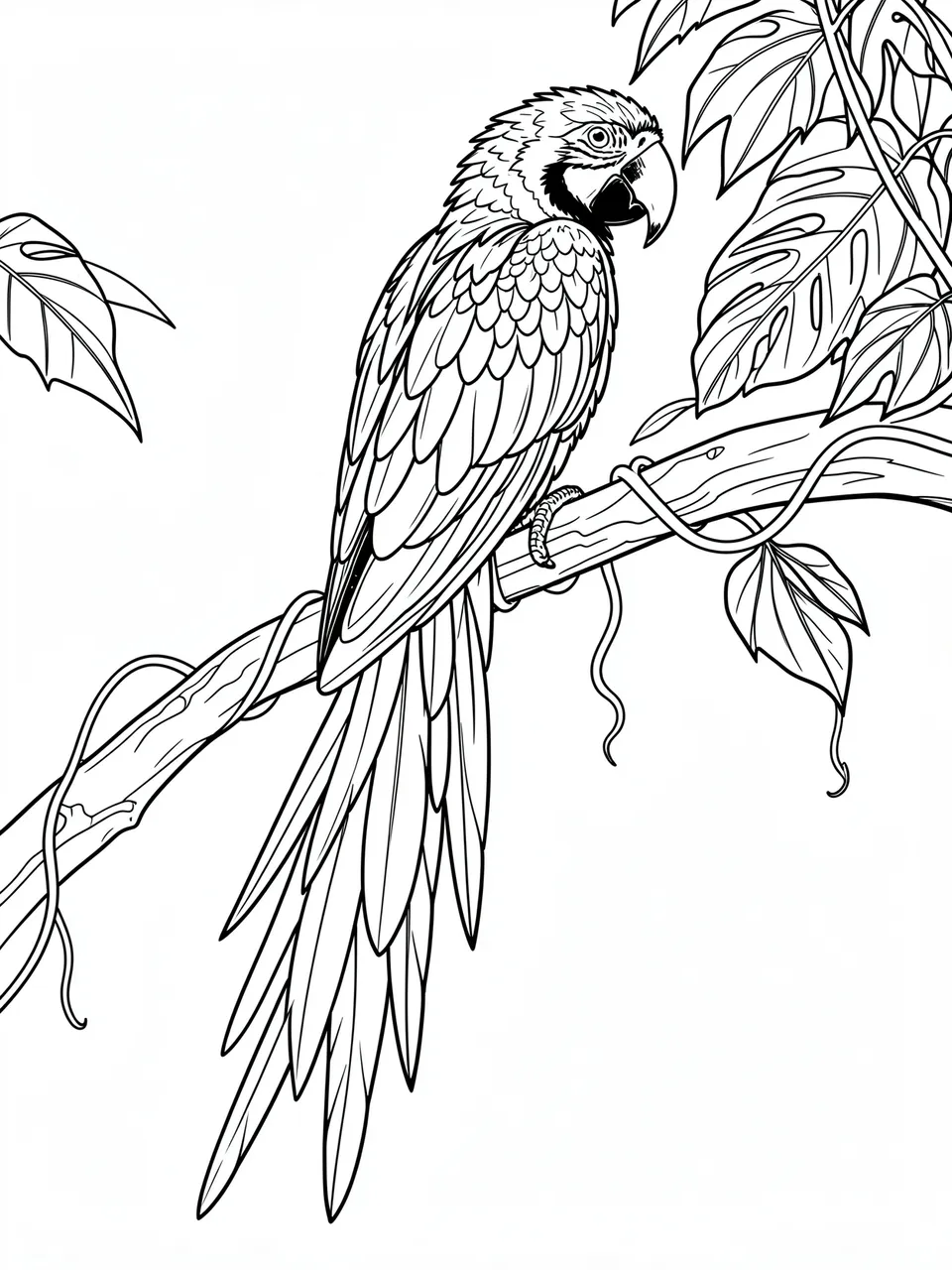 Black and white line art of a macaw perched on a jungle branch against a plain white background
