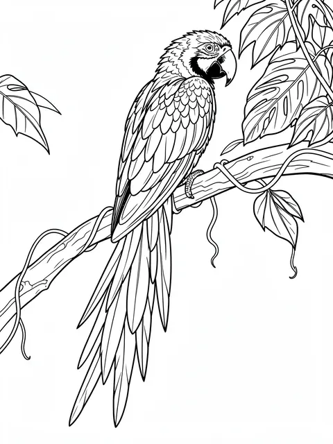 Black and white line art of a macaw perched on a jungle branch against a plain white background