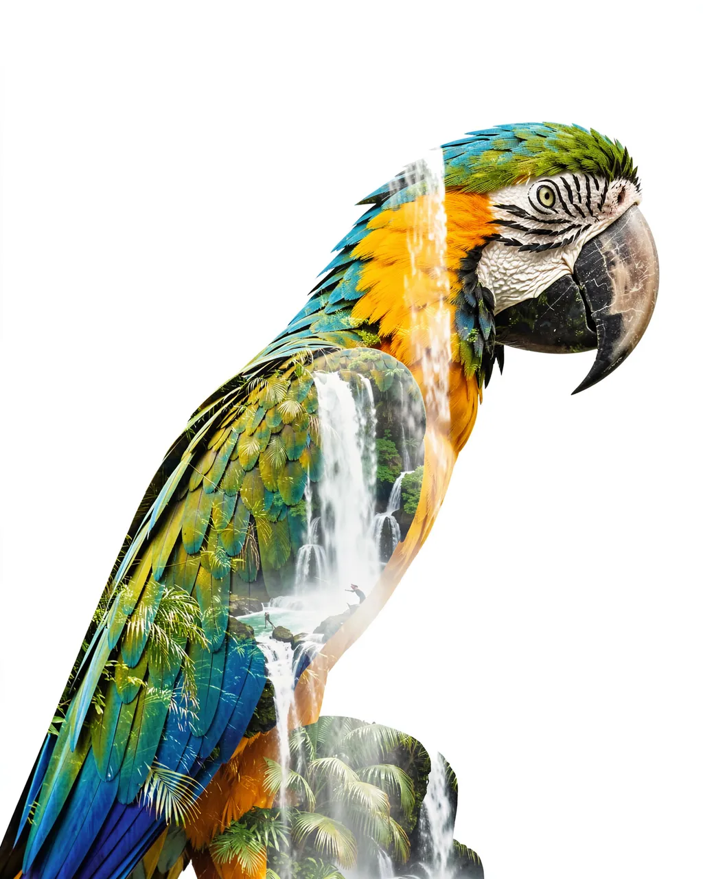 Double exposure art of a blue and gold macaw filled with tropical waterfall details on a plain white background