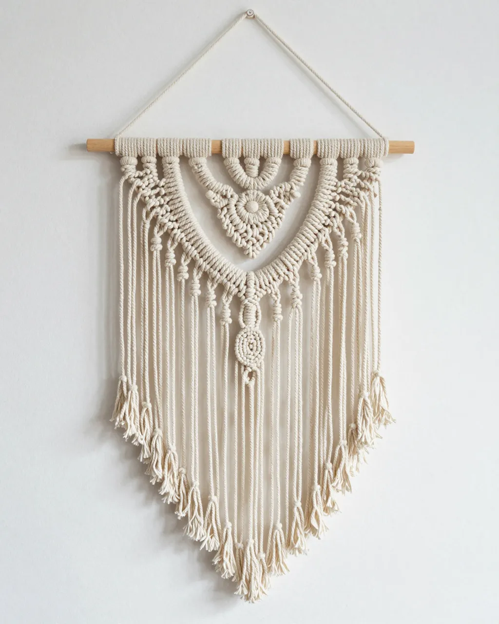 A cream knotted macrame wall hanging hangs from a wooden dowel against a plain matte white wall.