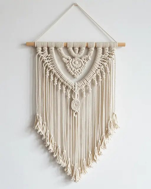 A cream knotted macrame wall hanging hangs from a wooden dowel against a plain matte white wall.