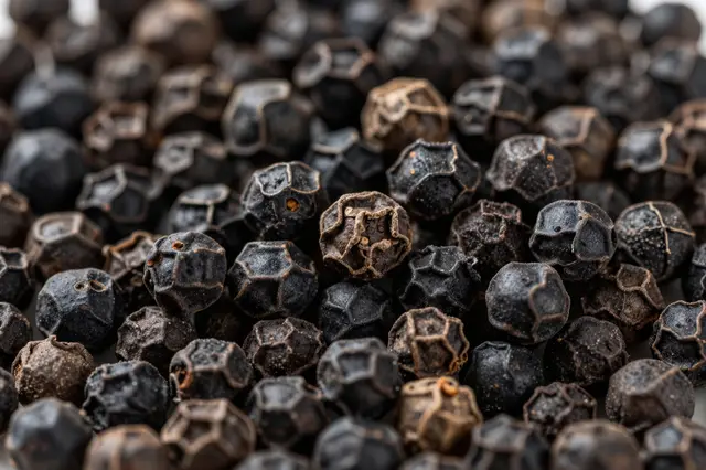 Close-up full-frame macro view of densely packed whole black peppercorns