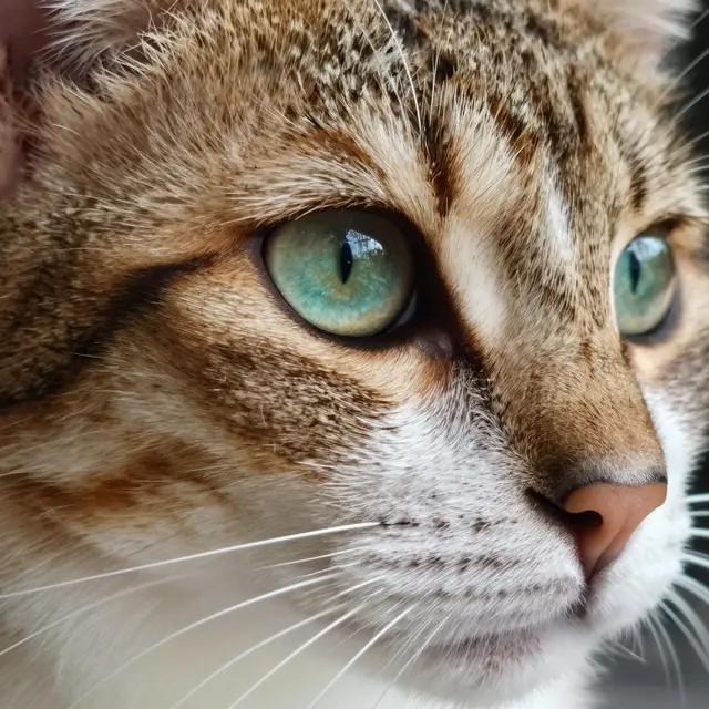 Extreme macro close-up of a tabby cat's face focused on its vivid green eyes and fine whiskers