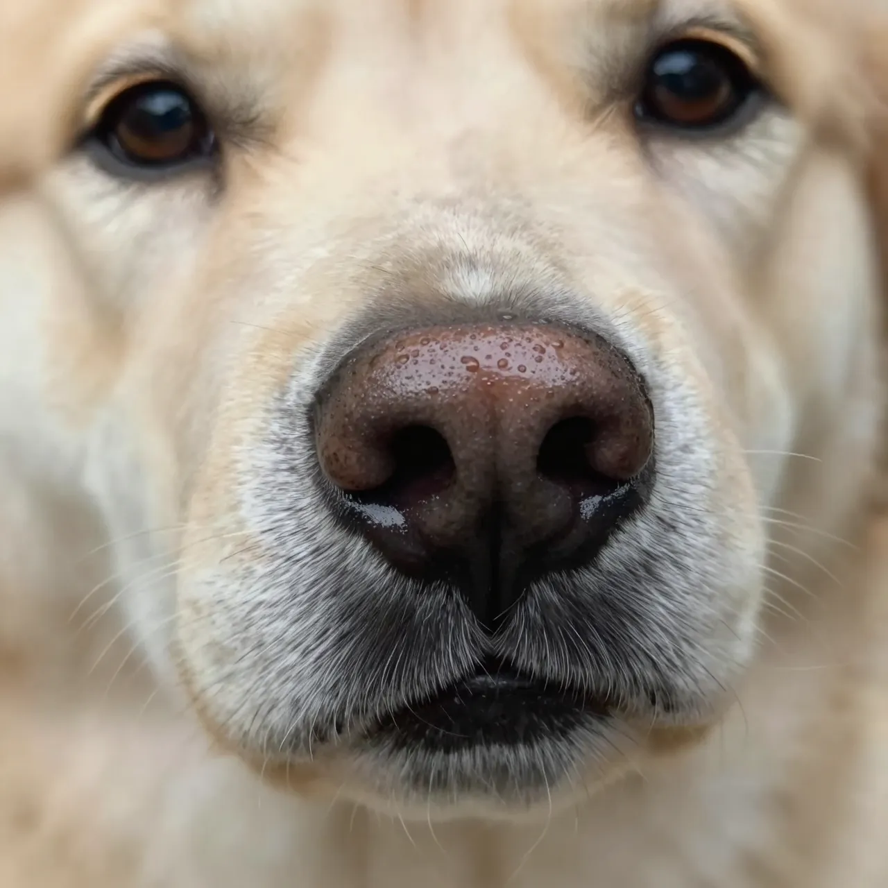Extreme macro close-up of a light coated dog's glistening wet nose facing directly toward the camera
