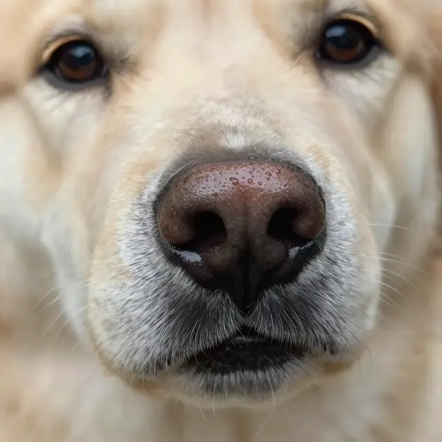 Extreme macro close-up of a light coated dog's glistening wet nose facing directly toward the camera