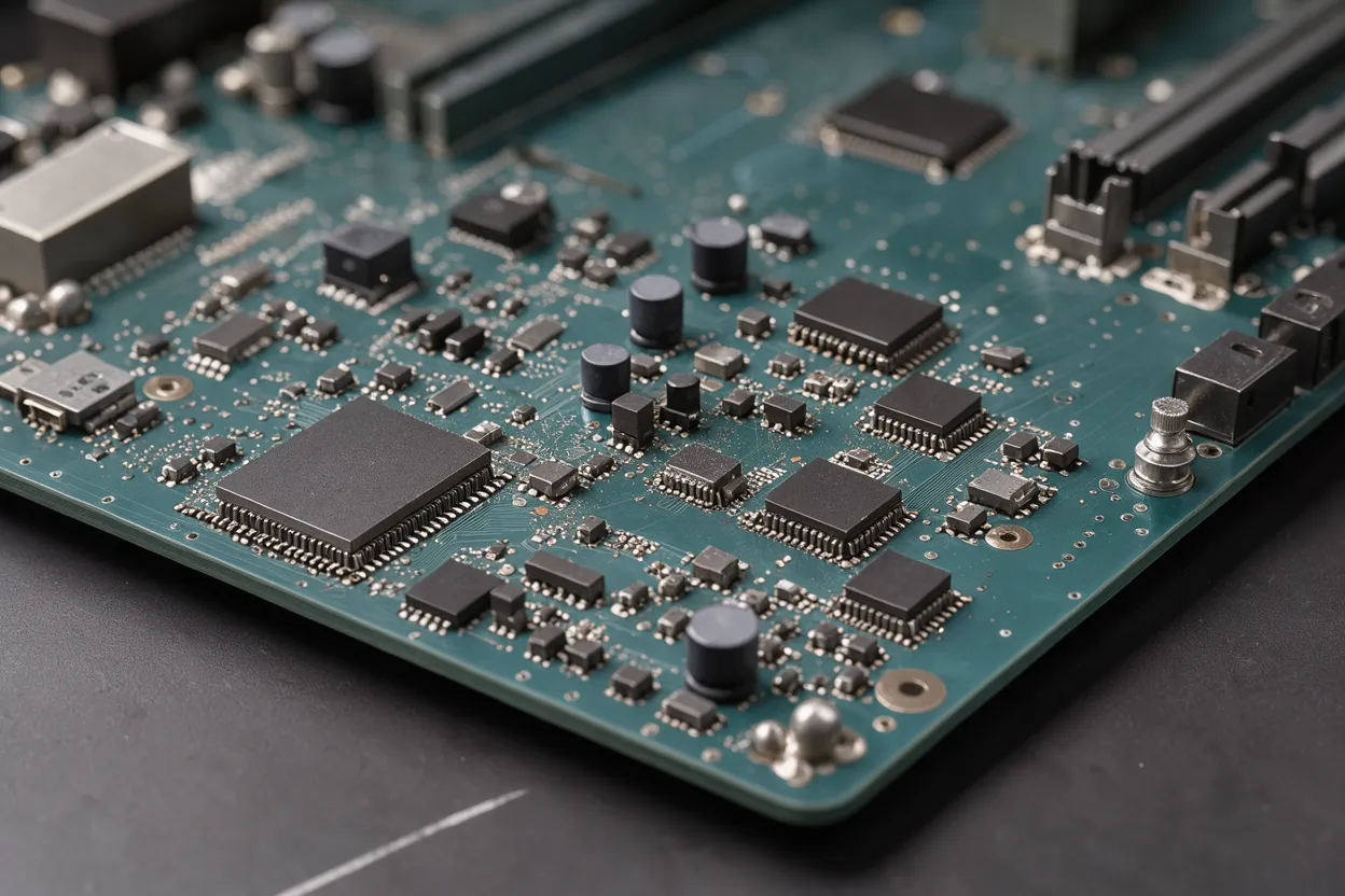 Close-up macro shot of a teal circuit motherboard covered in microchips and electronic components