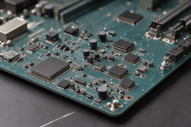 Close-up macro shot of a teal circuit motherboard covered in microchips and electronic components