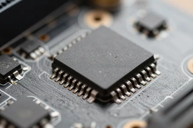 Sharp macro close-up of a soldered integrated circuit chip mounted on a dark computer motherboard