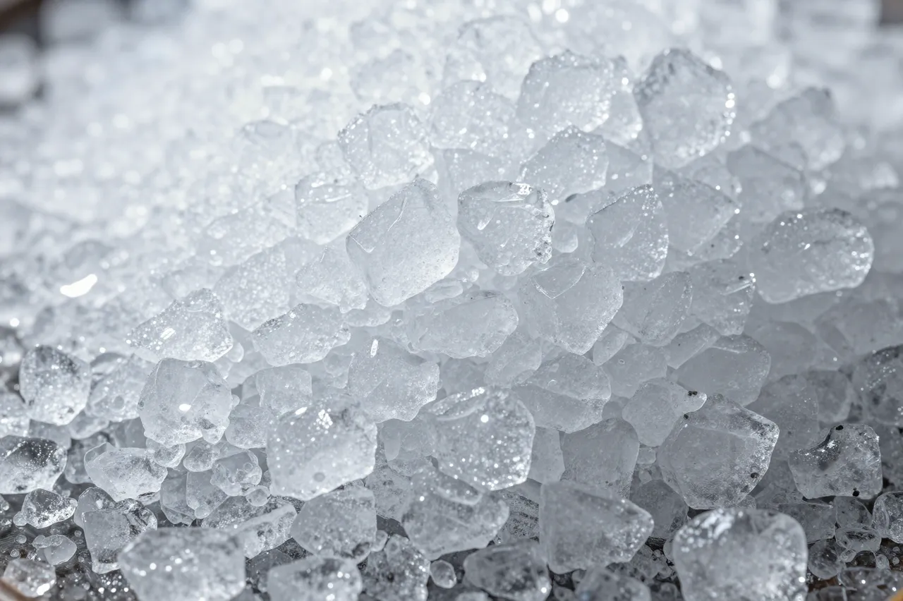 Close-up macro view of clustered crushed ice crystals glinting with small bright highlights