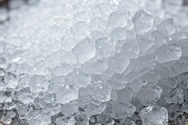 Close-up macro view of clustered crushed ice crystals glinting with small bright highlights