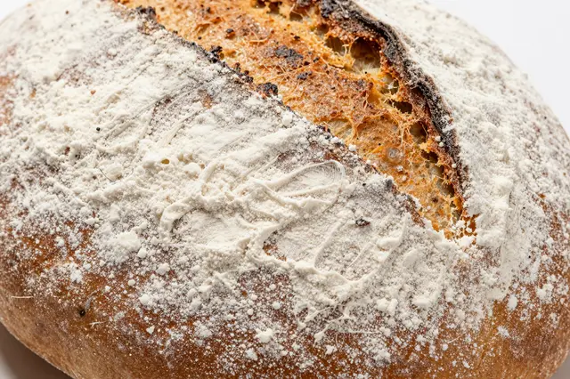 Close-up macro view of a crusty artisanal loaf of bread dusted with white flour