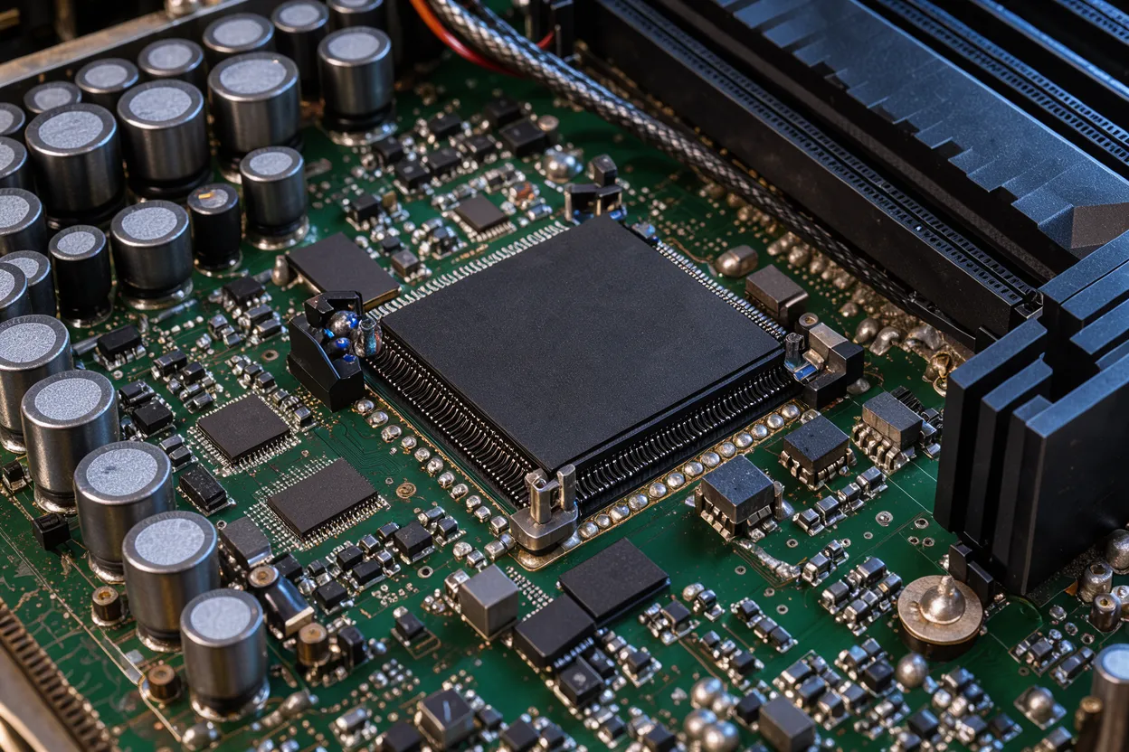 Close-up macro shot of a green computer motherboard populated with microchips, capacitors and circuit components