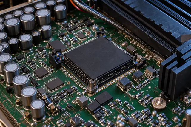 Close-up macro shot of a green computer motherboard populated with microchips, capacitors and circuit components