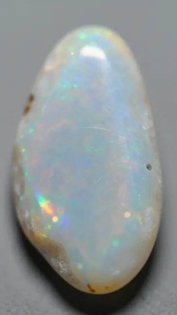 A close-up macro view of a polished opal stone showing iridescent rainbow play-of-color against a plain gray background
