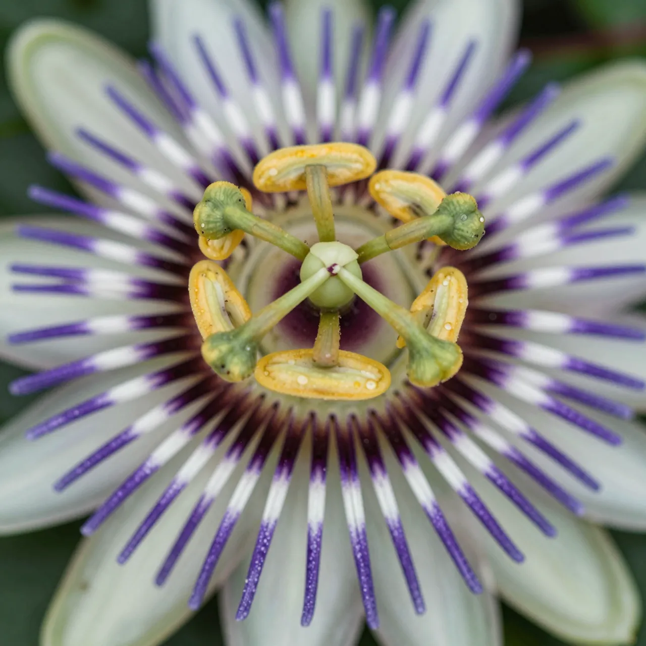 Extreme macro close-up of the intricate center of a purple and white passion flower.