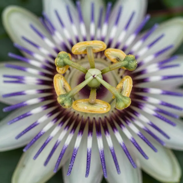 Extreme macro close-up of the intricate center of a purple and white passion flower.