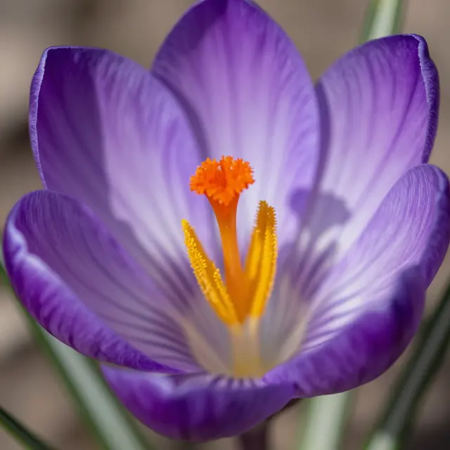 Extreme close-up of an open purple saffron crocus showing its bright orange and yellow central reproductive structures.