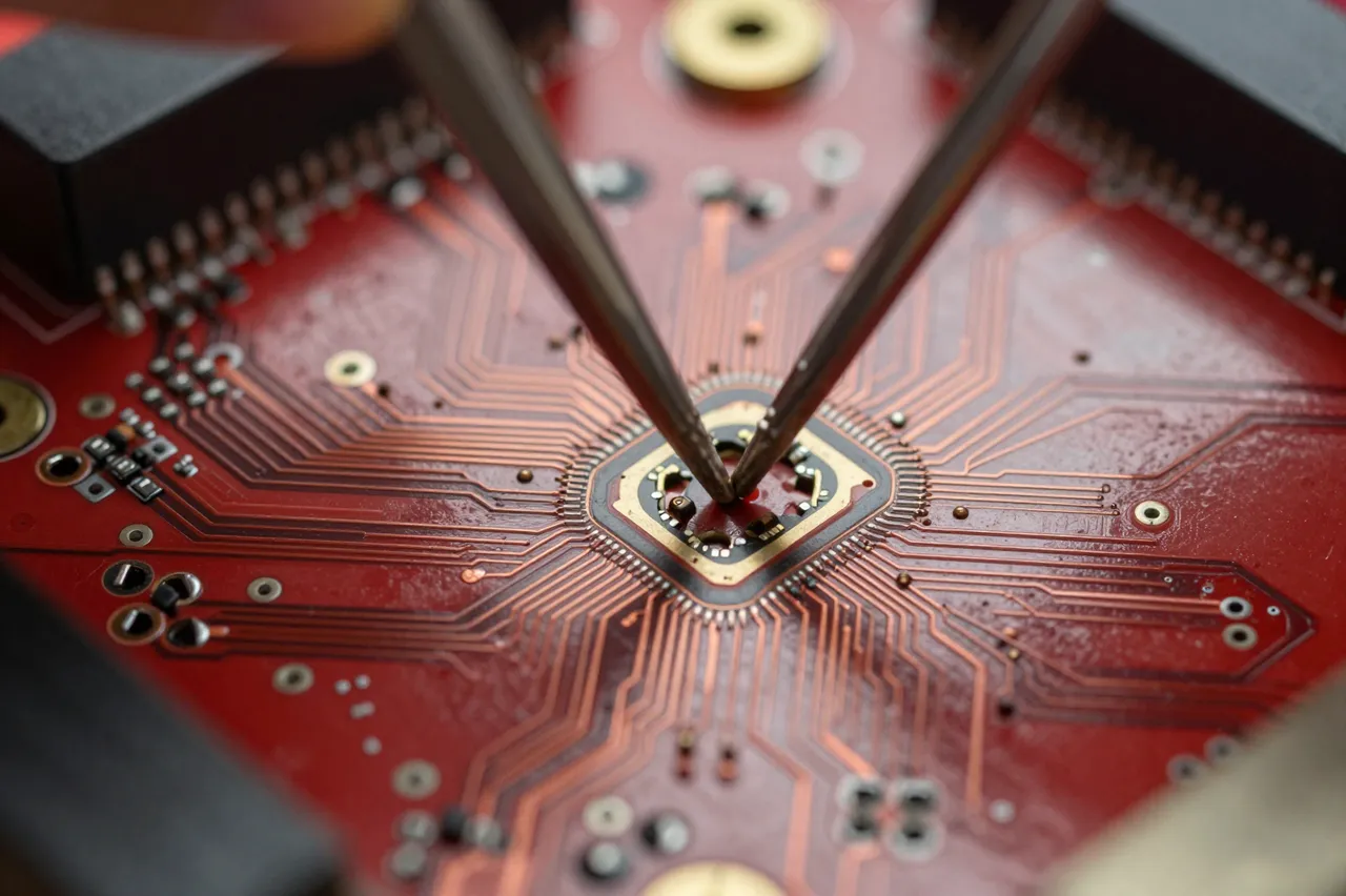 Fine tipped tweezers rest on the central chip of a detailed red circuit board in close up view
