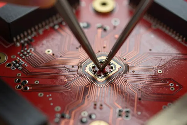 Fine tipped tweezers rest on the central chip of a detailed red circuit board in close up view