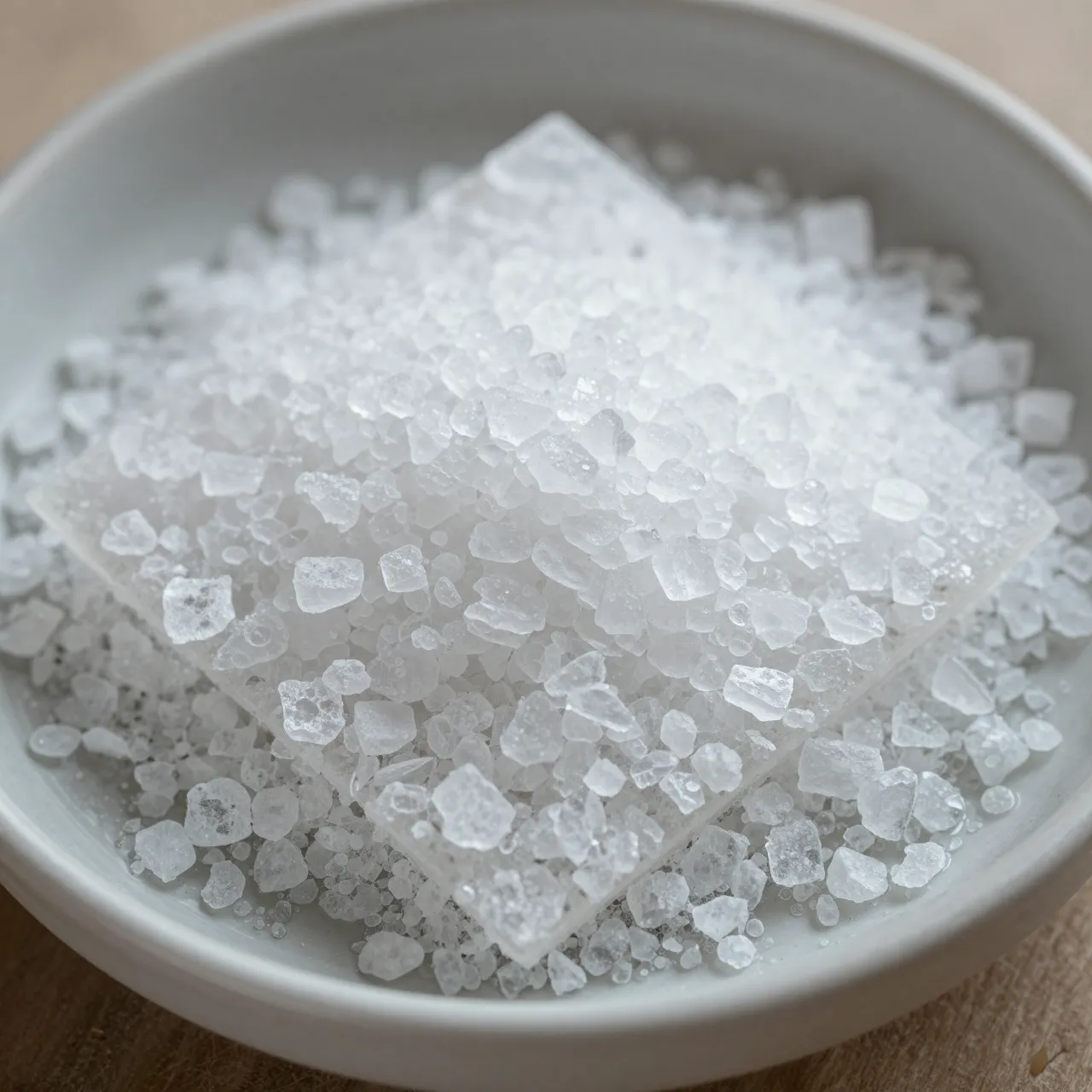 Close up macro view of coarse white salt crystals piled inside a shallow light gray dish