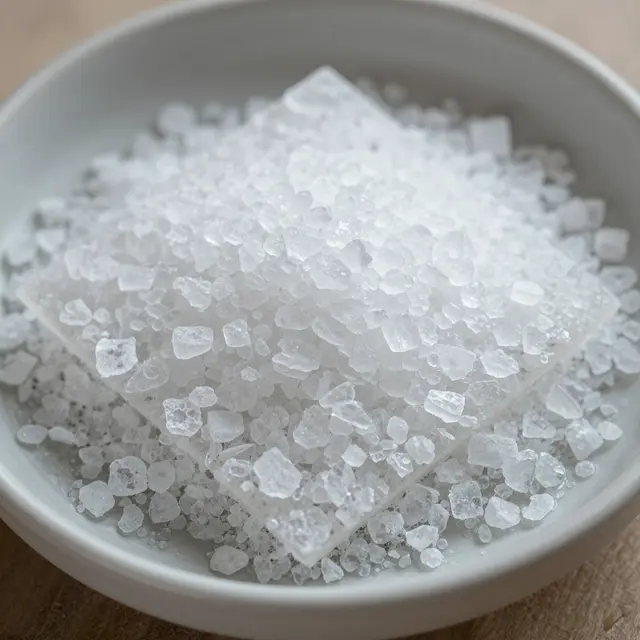 Close up macro view of coarse white salt crystals piled inside a shallow light gray dish