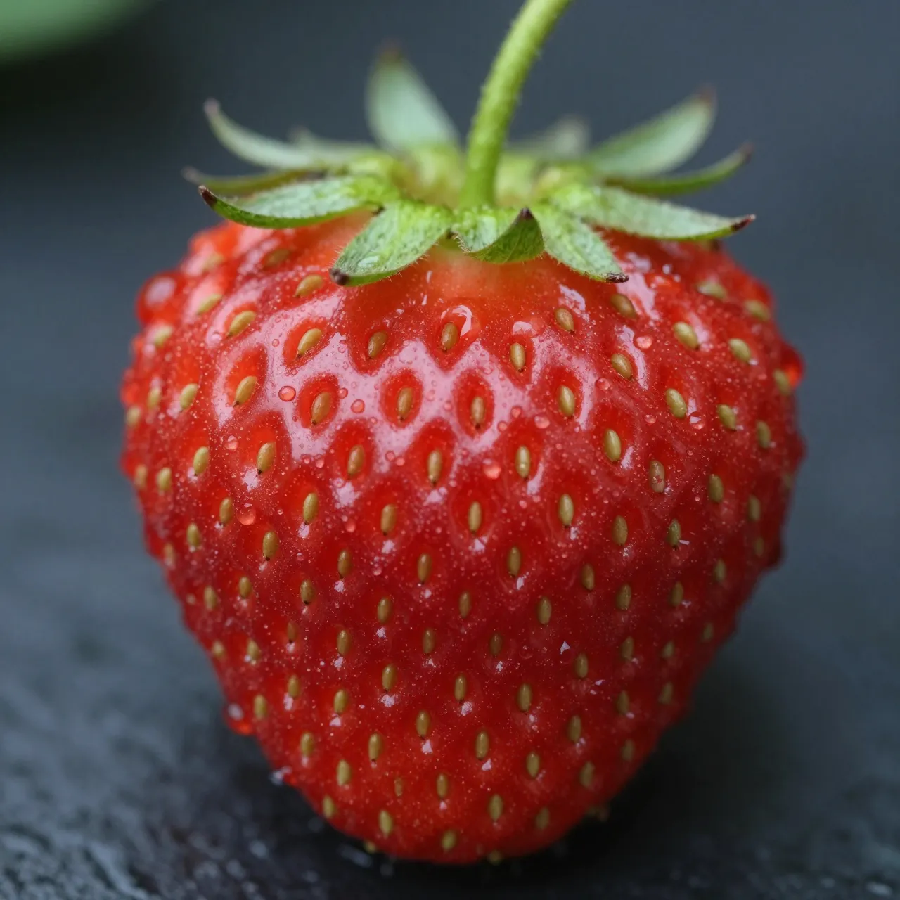 A close-up macro shot of a fresh red strawberry dotted with tiny water droplets, showing its green leafy calyx.