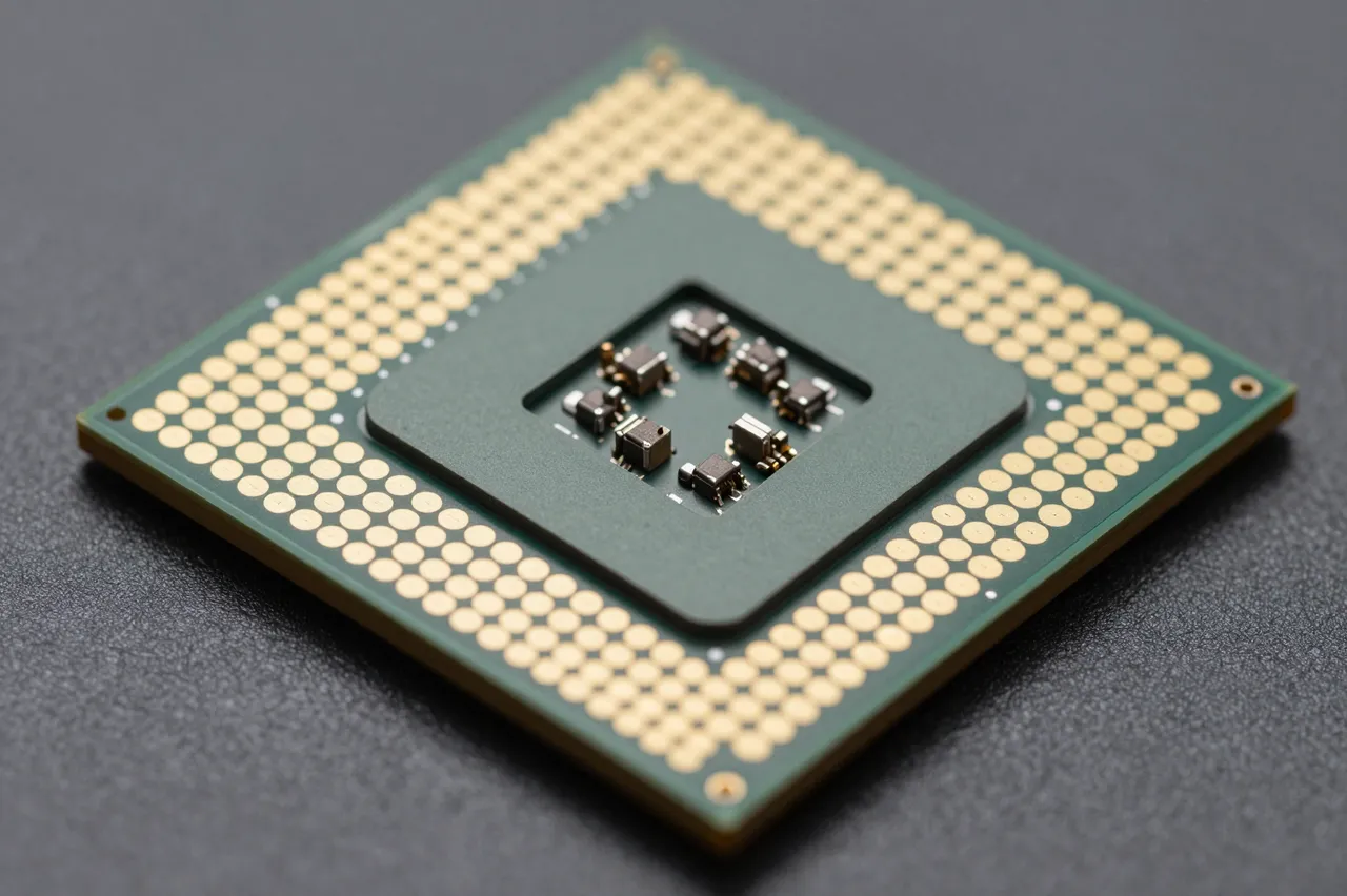 A blank computer processor with gold contact pads rests on a dark textured surface in macro view.