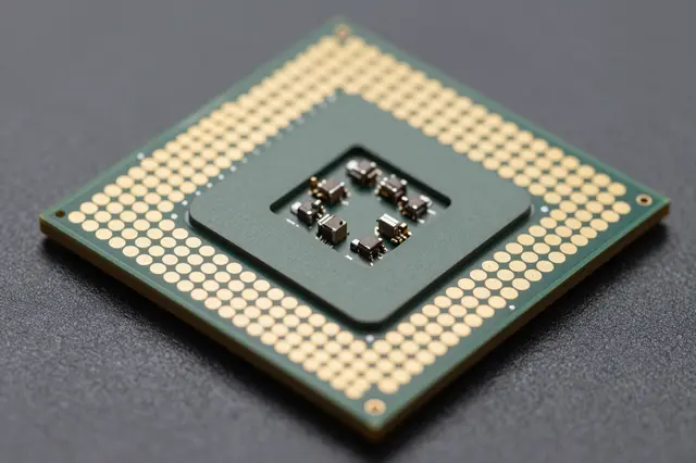 A blank computer processor with gold contact pads rests on a dark textured surface in macro view.