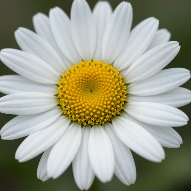 Close-up macro shot of a single white daisy with a bright yellow textured center against soft blurred green foliage.