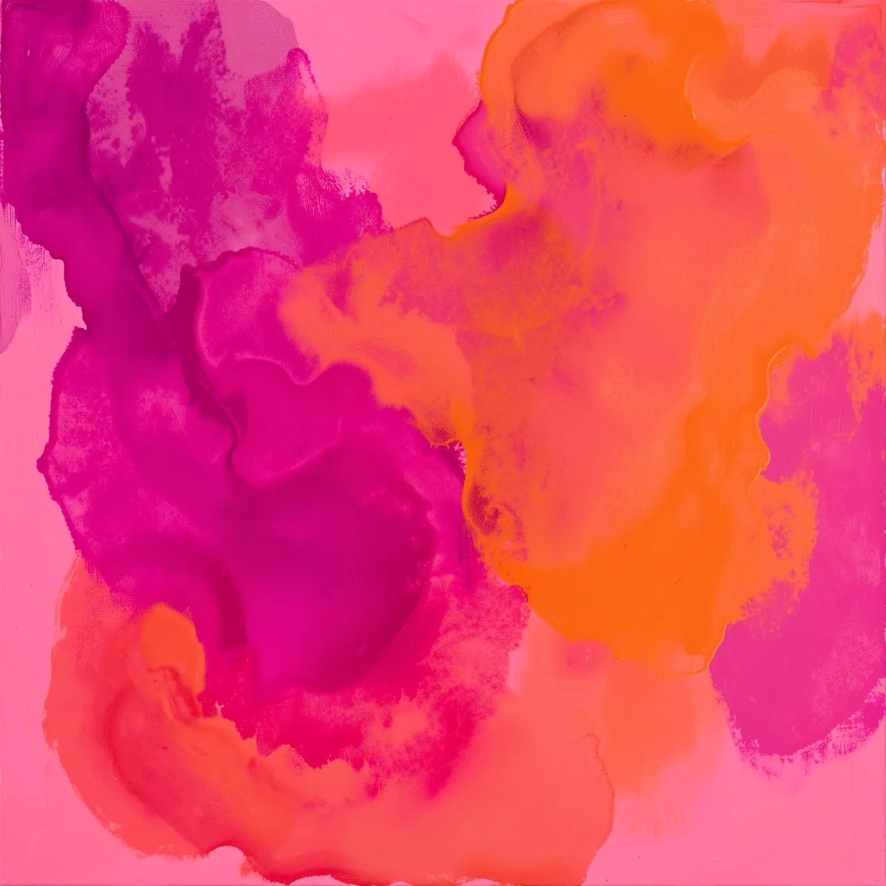 Abstract acrylic painting showing glowing magenta and tangerine paint washes blending softly across a pale pink background