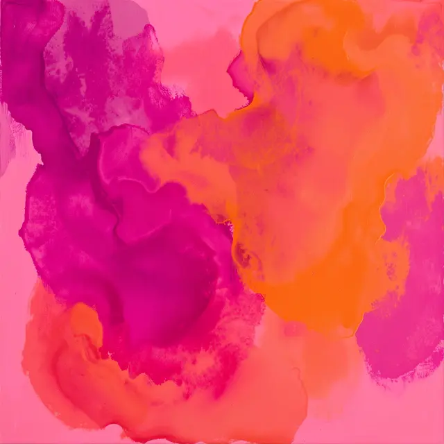 Abstract acrylic painting showing glowing magenta and tangerine paint washes blending softly across a pale pink background
