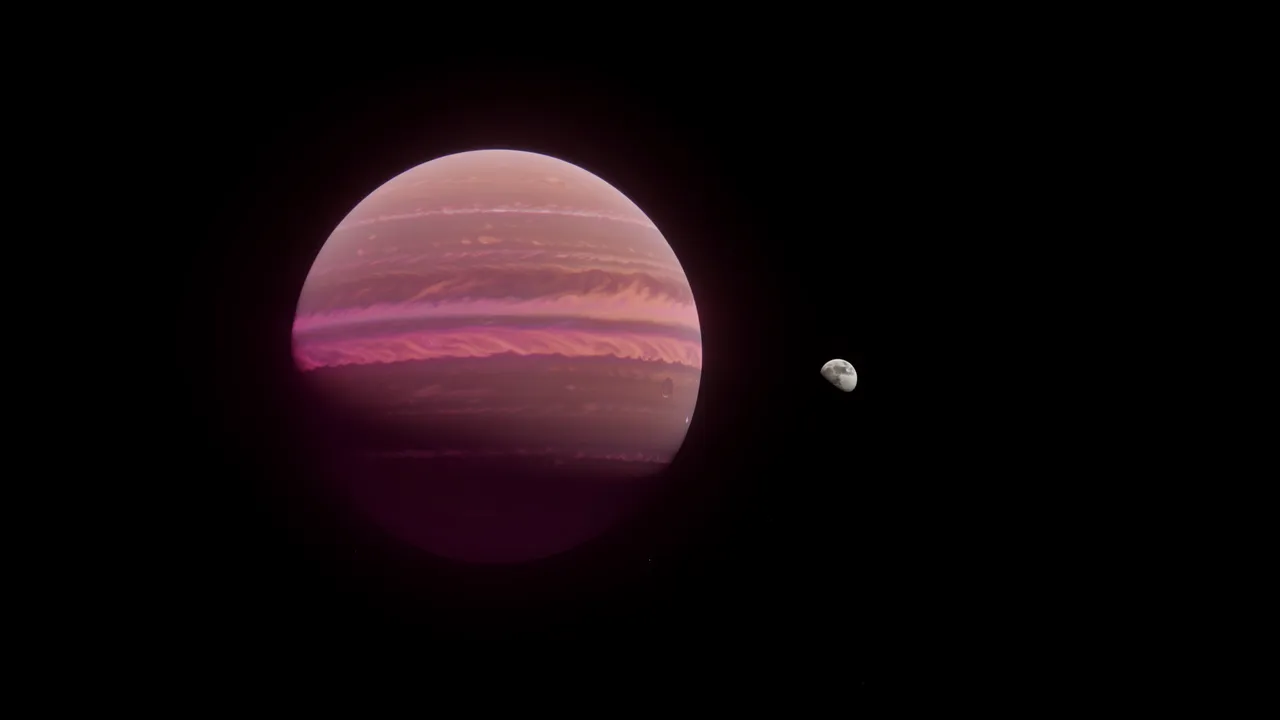 A glowing dull magenta striped brown dwarf floats in dark deep space beside a small cratered moon