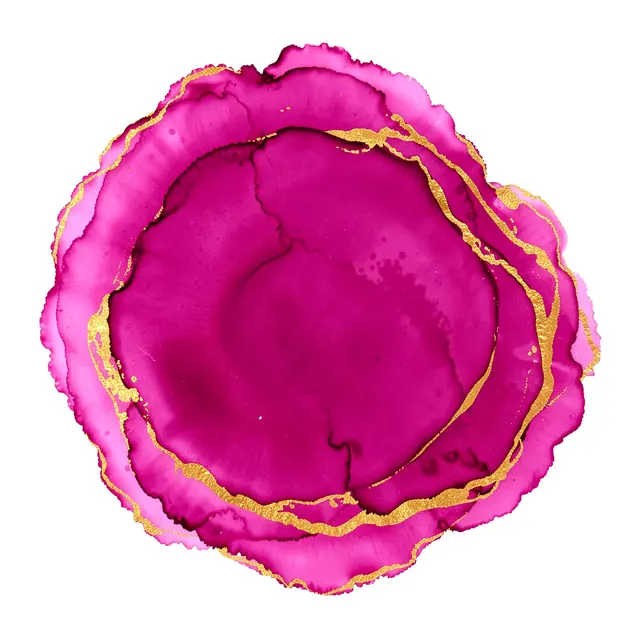 A circular soft-edged alcohol ink abstract in varying magenta shades with thin gold veining on a white background