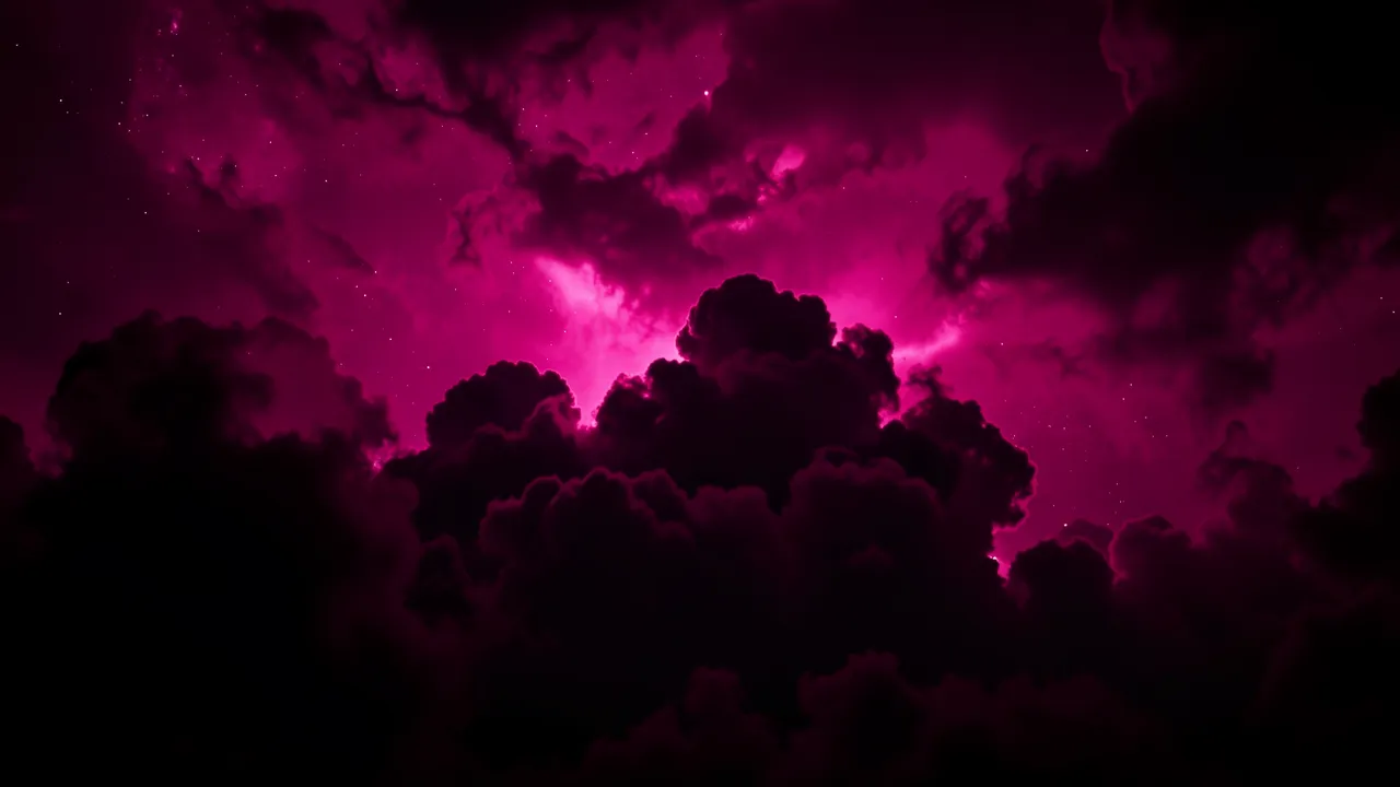 Dark silhouetted cosmic dust clouds float against a glowing bright magenta nebula dotted with faint stars