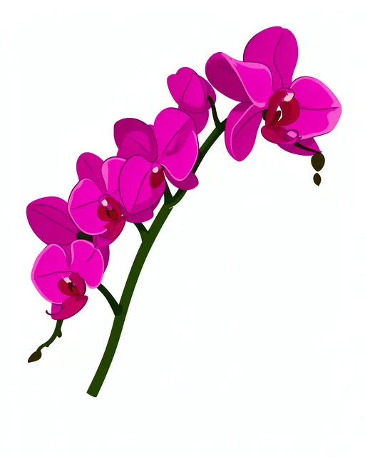 Flat clipart of an arching magenta orchid stem with open blooms and a closed bud on a plain white background