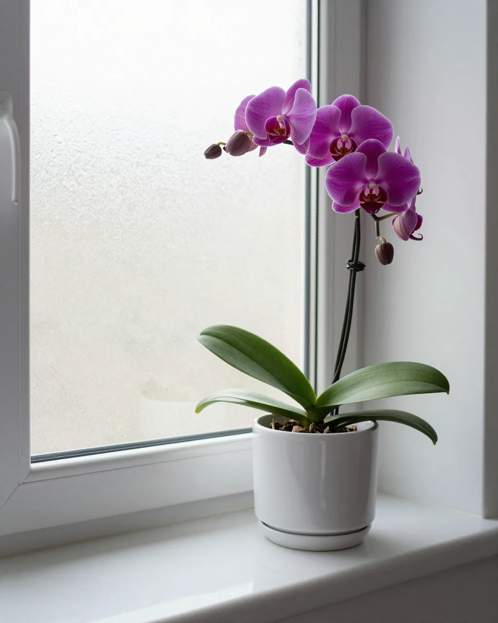 A vibrant magenta phalaenopsis orchid in a white ceramic pot sits on a windowsill next to frosted glass.