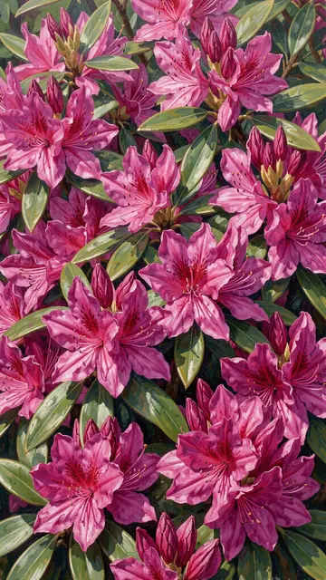 Close-up vertical oil painting of dense magenta rhododendron blooms and glossy green leaves filling the frame