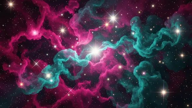 Swirling magenta and teal nebula gas clouds glow with bright young stars in deep dark space